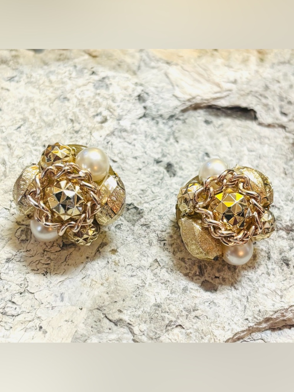 Vintage West Germany Gold Tone Faux Pearl Cluster Clip On Earrings